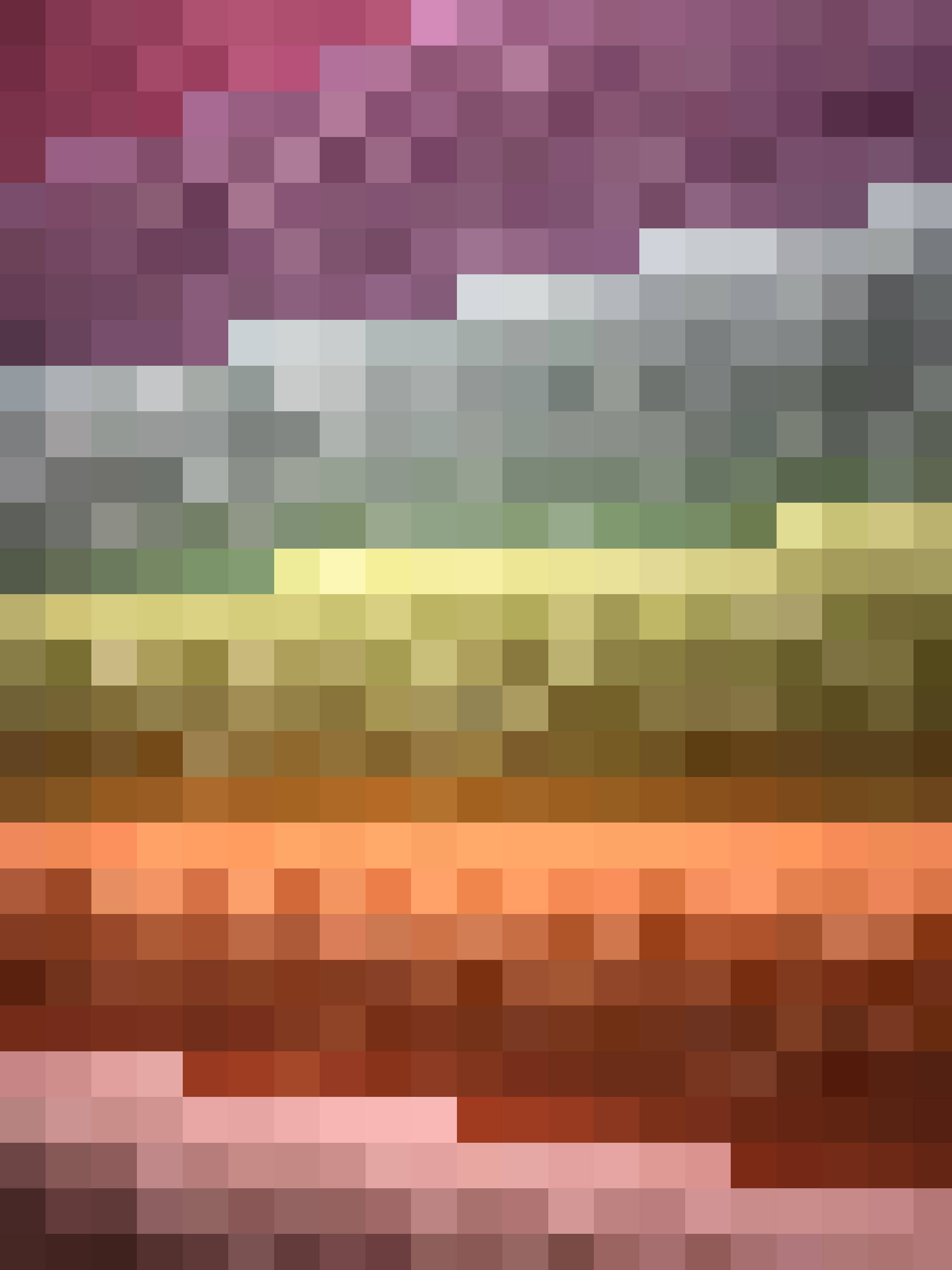 Pixel 桌布 壁紙 — 一個像素化的抽象漸變，帶有紫色、灰色、綠色、黃色、橙色和棕色的水平條紋。