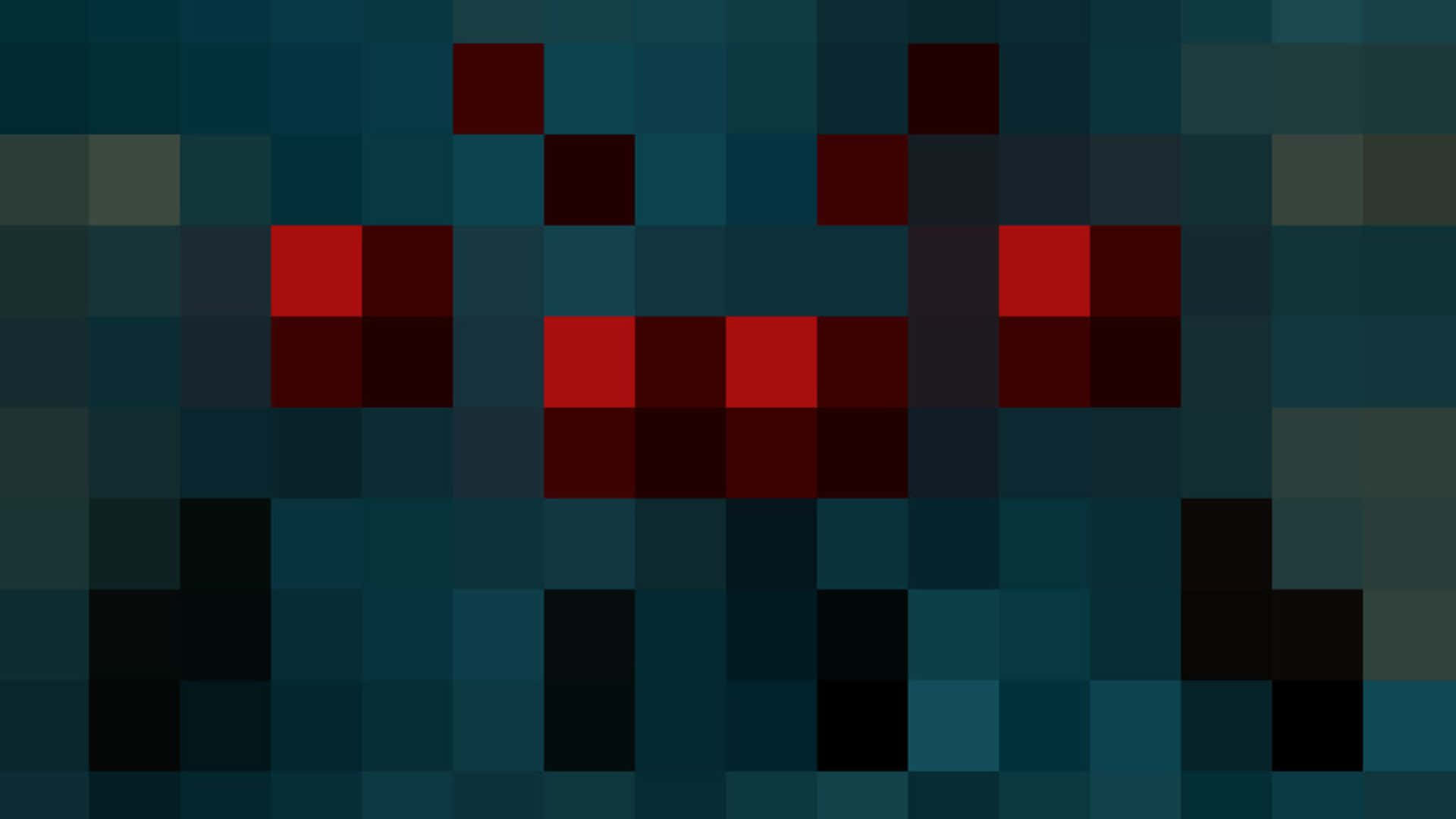Minecraft Spider 桌布 壁紙 — 一個像素化的抽象設計，以紅色和深藍綠色方塊在深藍色背景上形成一個風格化的面孔。