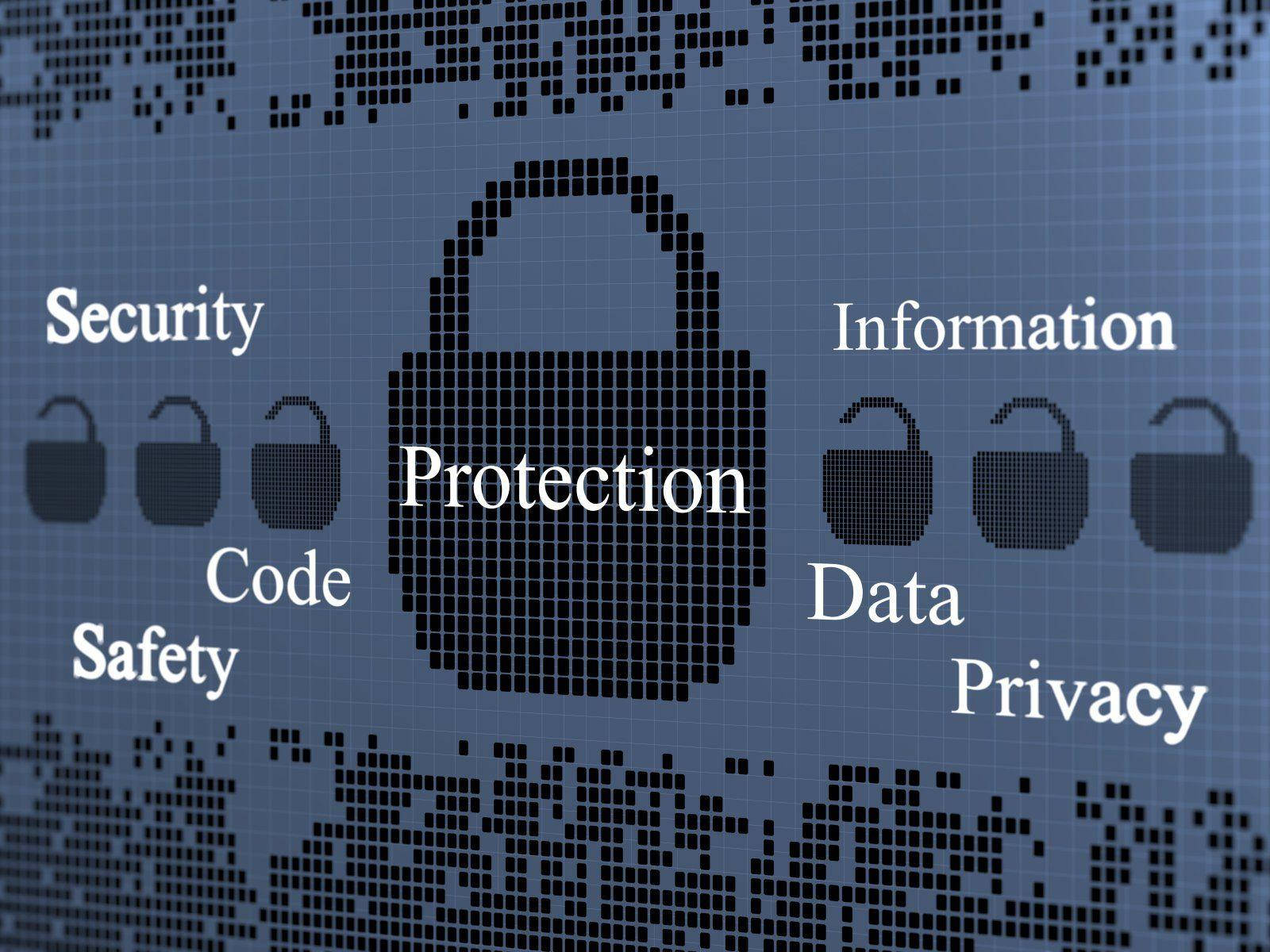 security 桌布 壁紙 — 一個像素化的數位掛鎖，位於藍色網格螢幕中央，周圍環繞著安全、隱私和數據等詞語。