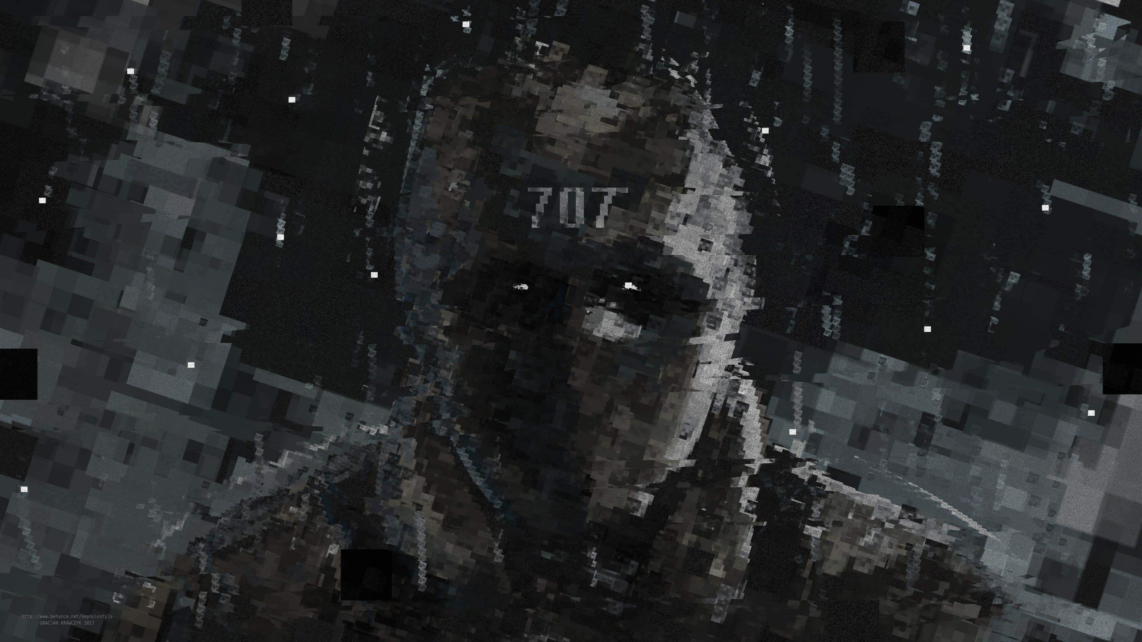 Best Rainbow Six Siege 桌布 壁紙 — 一個像素化的數位肖像，一個男人額頭上帶有數字707，背景是故障風格的黑暗背景。