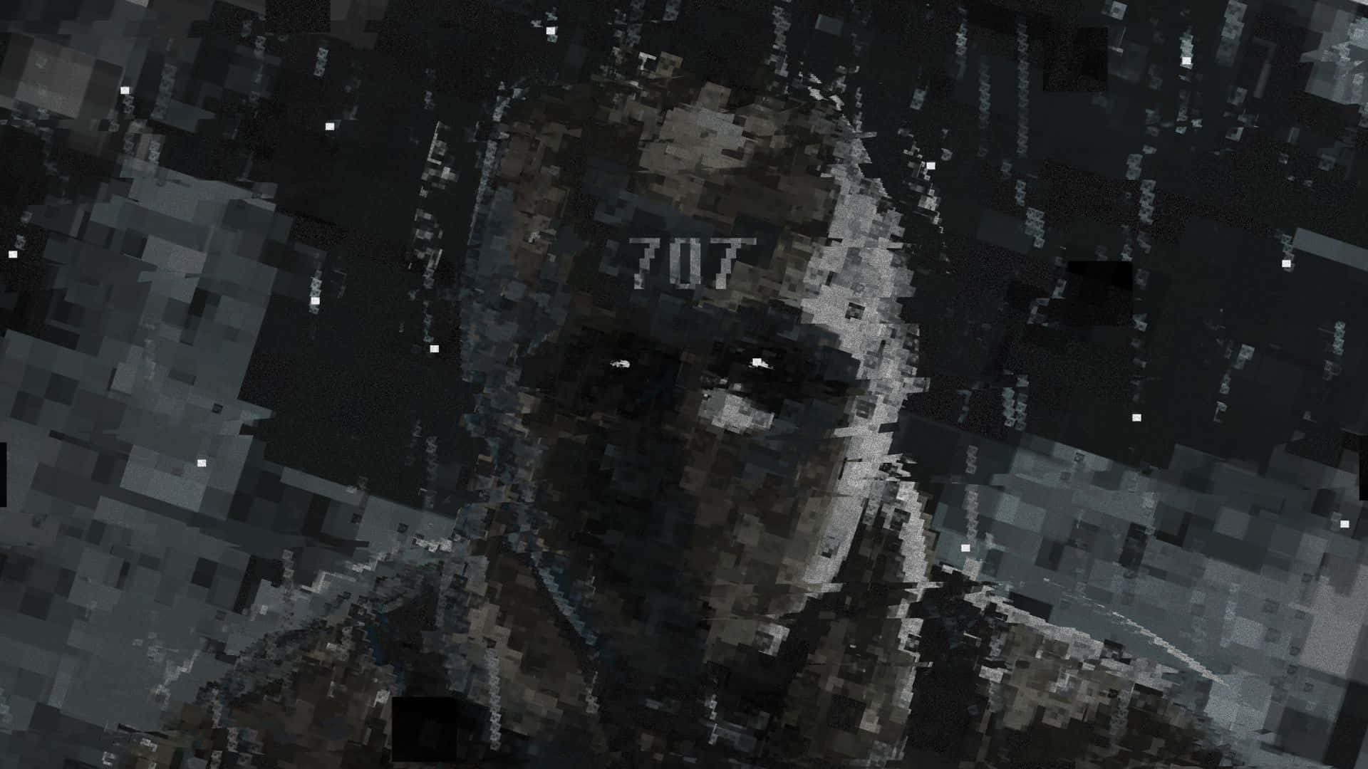 Rainbow Six Siege Operators 桌布 壁紙 — 一個像素化的數位肖像，人物眼睛發光，額頭上有數字707，背景是暗色故障效果。