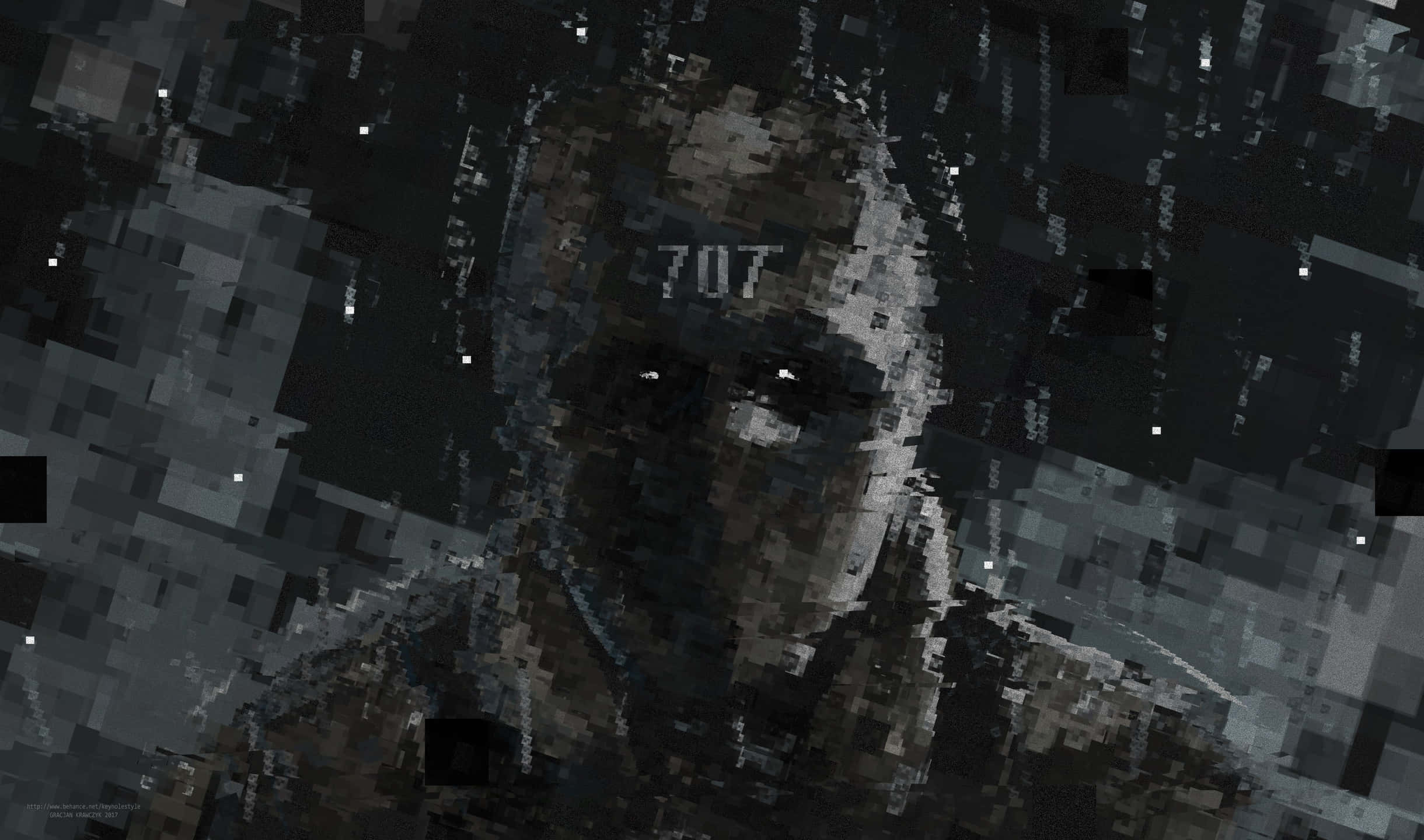 2440x1440 Rainbow Six Siege 桌布 壁紙 — 一個像素化的數位肖像，人物額頭上有數字707，背景是帶有故障效果的深色背景。