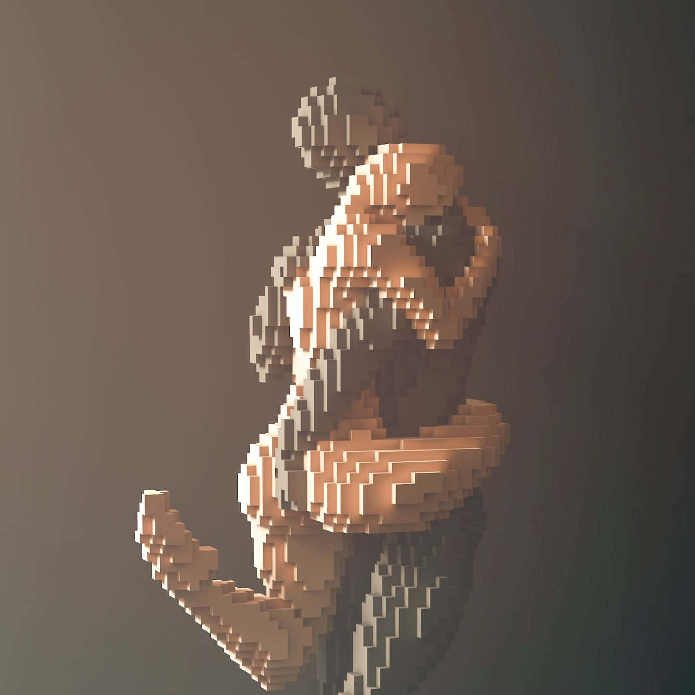 Minecraft Art 桌布 壁紙 — 一個像素化的數位雕塑，呈現一個裸體人形在柔和漸變背景下的動態姿勢。