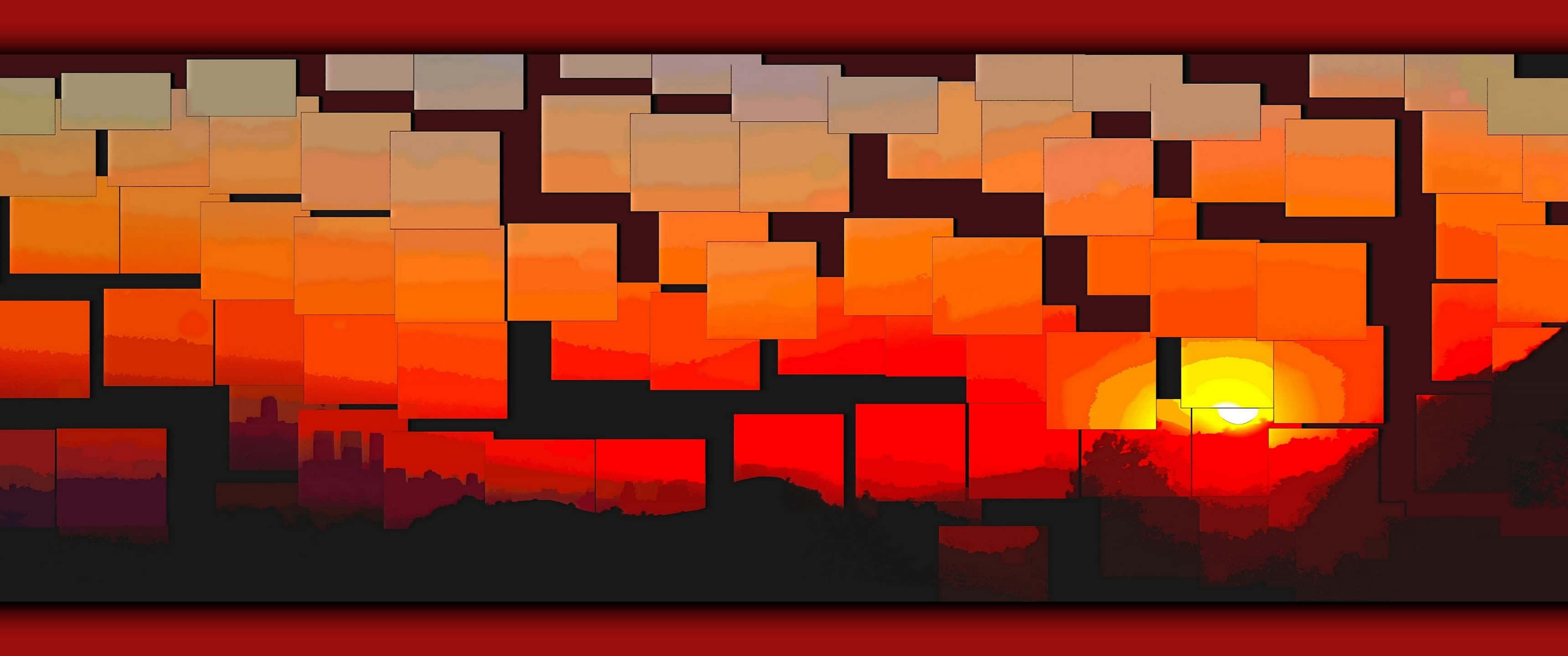 3440x1440 桌布 壁紙 — 一個像素化的日落，溫暖的橙紅色調中，發光的太陽位於剪影般的山丘和建築物後面。