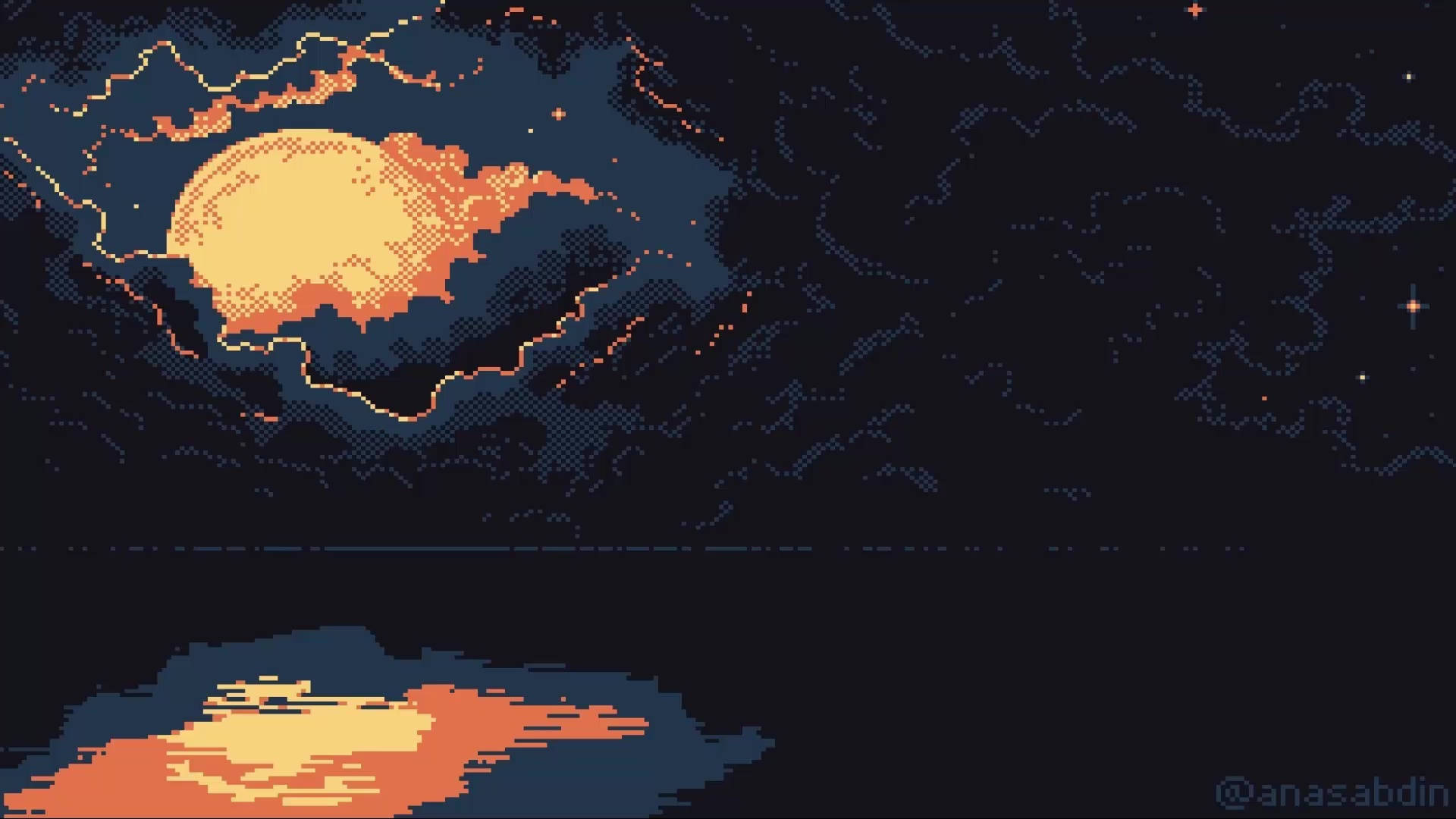 Dark Pixel 桌布 壁紙 — 一個像素化的日落，發光的橙色太陽部分被暗雲遮擋，倒映在下方平靜的水面上。