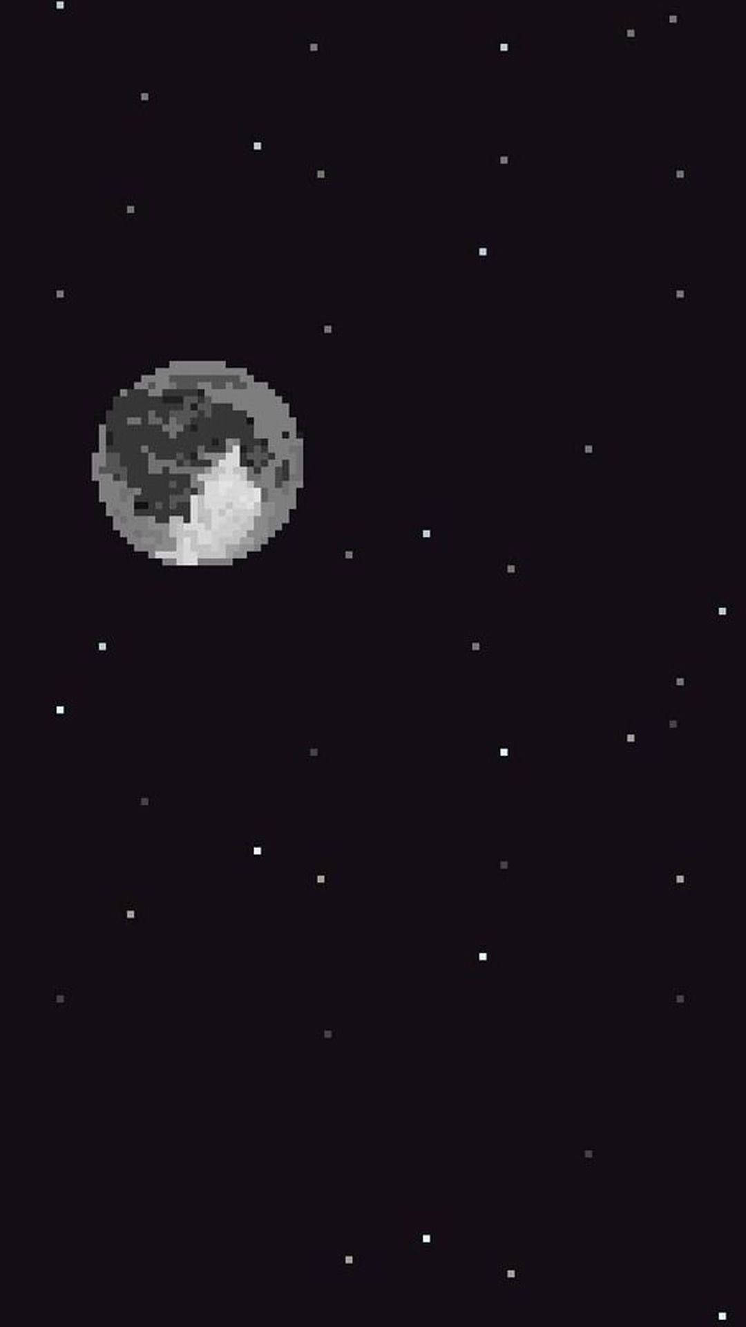 Dark Pixel 桌布 壁紙 — 一個像素化的月亮，帶有灰色和白色的隕石坑，漂浮在低解析度數位藝術渲染的星空夜空中。