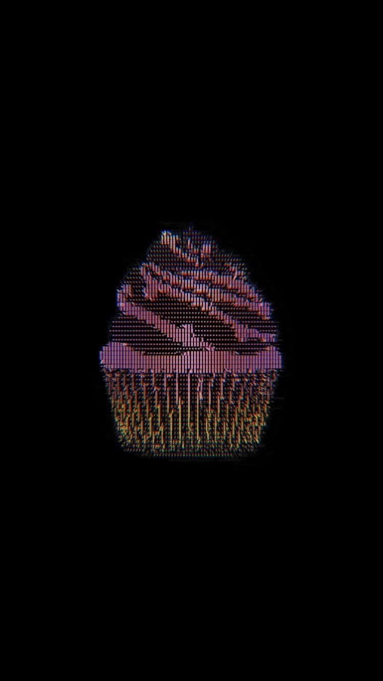 glitch art 桌布 壁紙 — 一個像素化的杯子蛋糕，帶有紫色糖霜和金色糖粒，在黑色背景上發光。