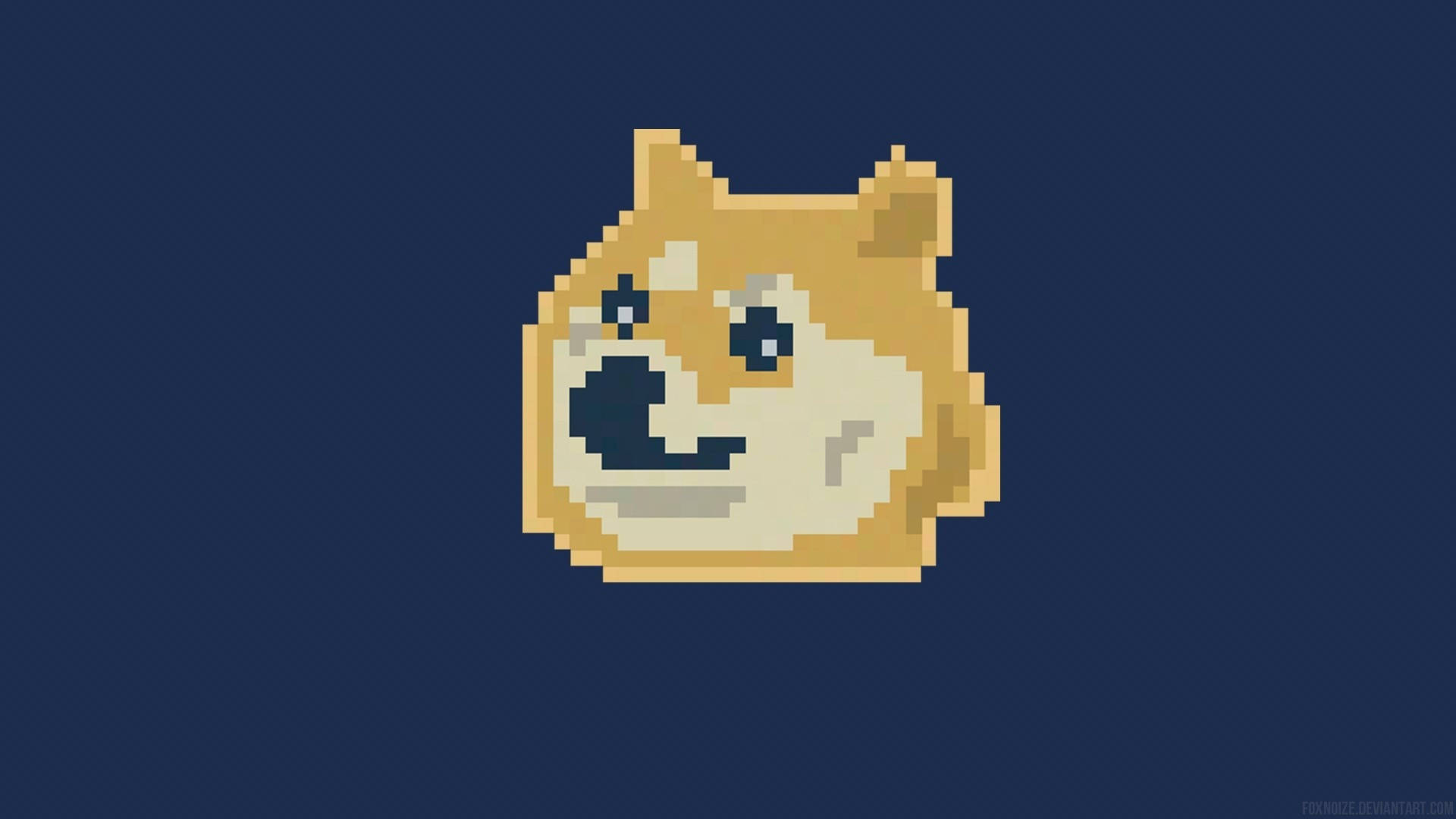 Doge 桌布 壁紙 — 一個像素化的柴犬狗臉，帶著得意的笑容，背景是純深藍色。