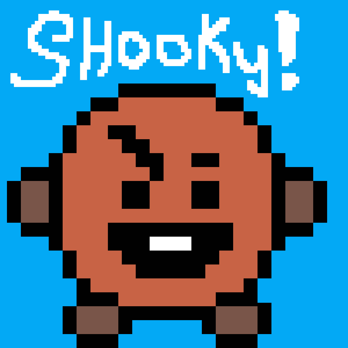 shooky bt21 桌布 壁紙 — 一個像素化的棕色角色，咧嘴大笑，雙臂張開，背景是明亮的藍色，上方有「Shooky!」字樣。
