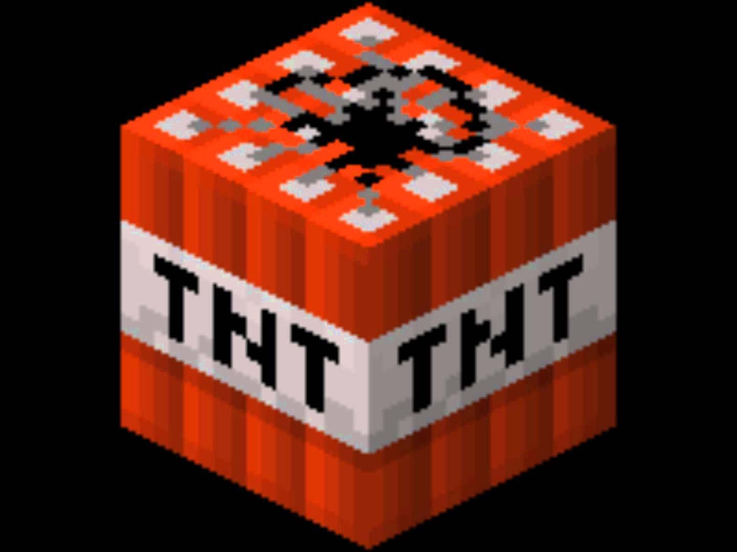 我的世界 TNT 桌布 壁紙 — 一個像素化的橙色TNT方塊，帶有黑白爆炸圖案和粗體文字，背景為黑色。