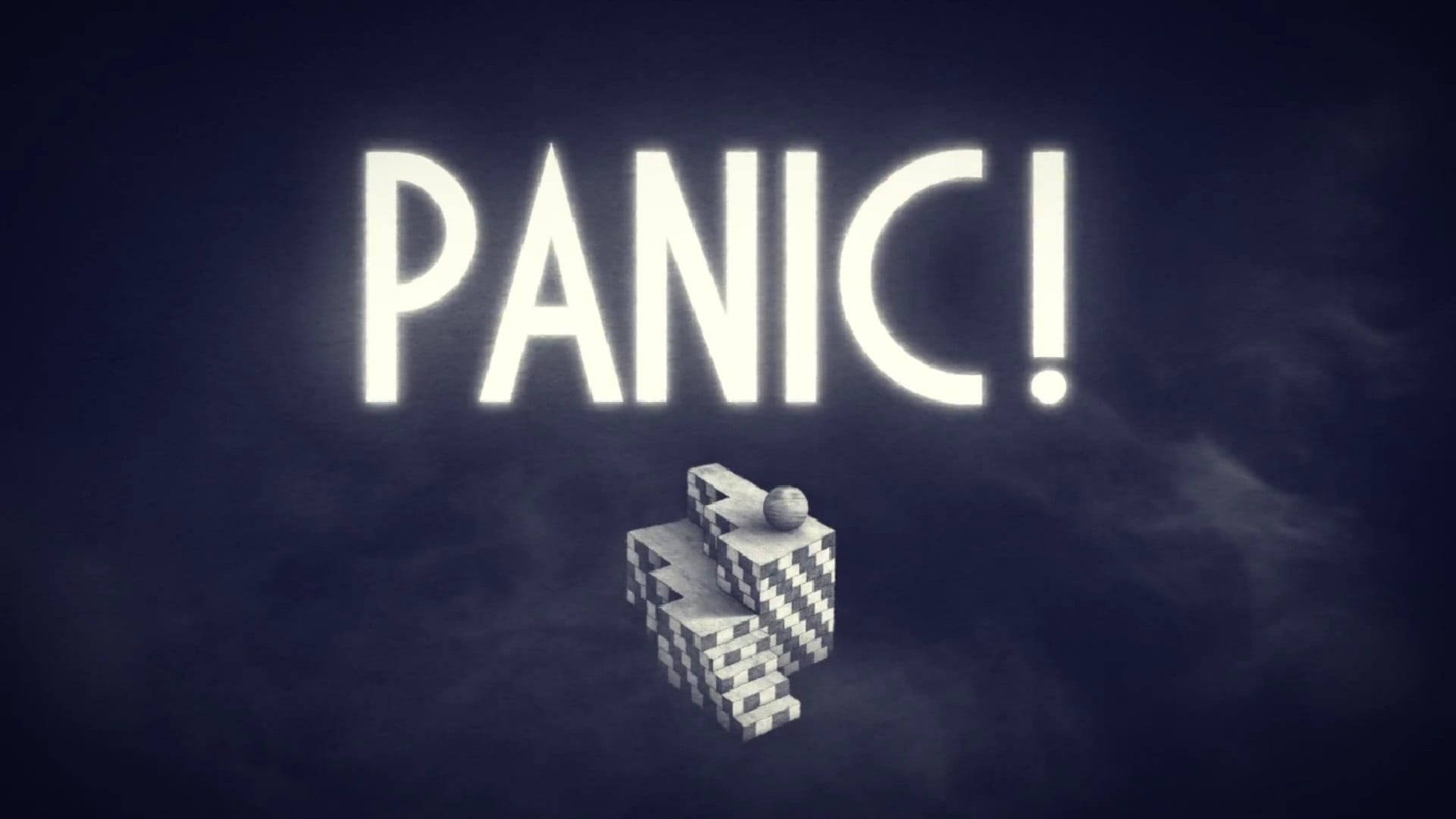 Panic 桌布 壁紙 — 一個像素化的機器人，帶有發光的白色「恐慌！」文字，漂浮在黑暗暴風雨的天空中。