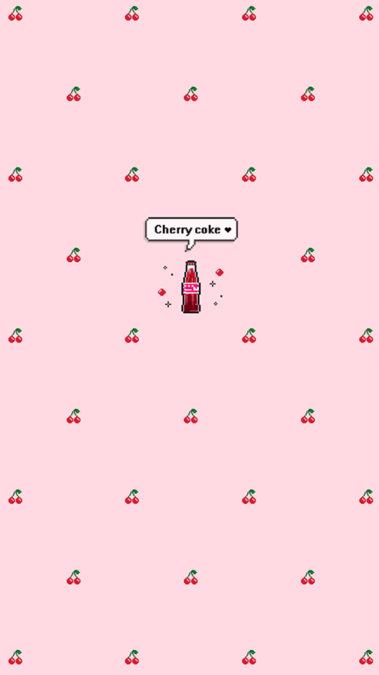 Cherry Aesthetic 桌布 壁紙 — 一個像素化的櫻桃可樂瓶帶有對話氣泡，居中放置在點綴櫻桃圖標的粉紅色背景上。