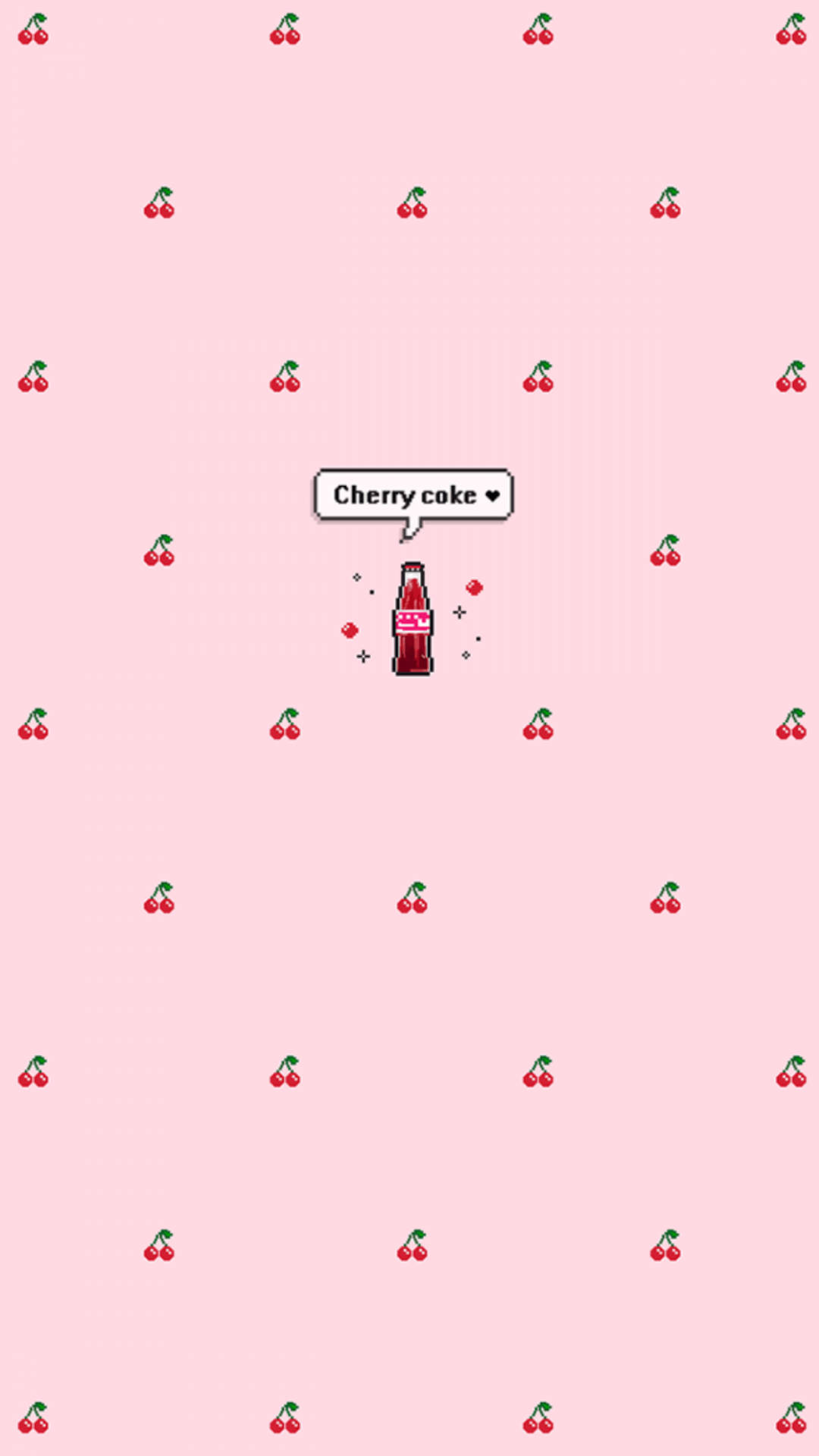 Coke 桌布 壁紙 — 一個像素化的櫻桃可樂瓶連對話氣泡，放在一個點綴著櫻桃圖標的粉紅色背景上。