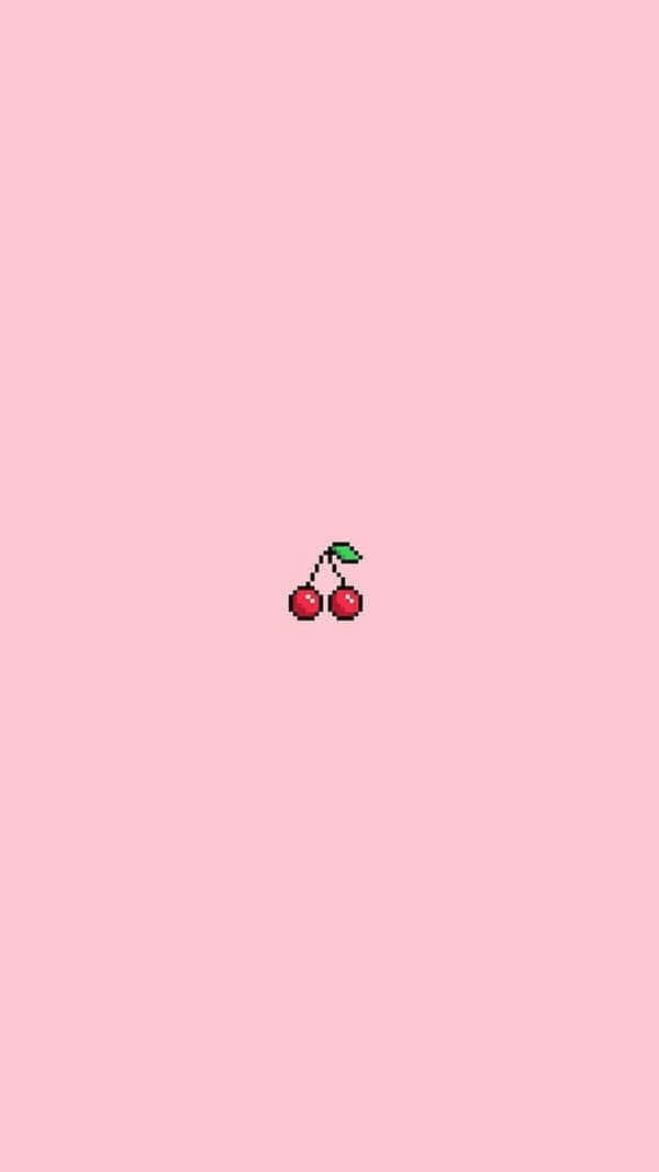 Soft Red Aesthetic 桌布 壁紙 — 一個像素化的櫻桃圖示，居中在柔和的粉紅色背景上，帶有極簡魅力。