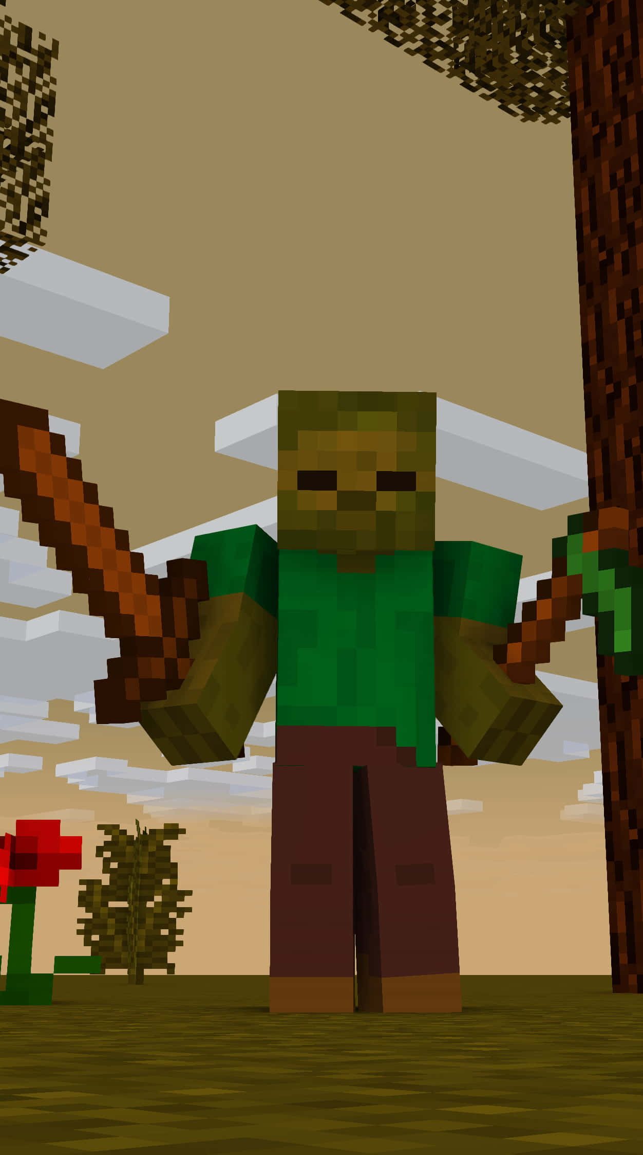 Minecraft Zombie 桌布 壁紙 — 一個像素化的殭屍，身穿綠色襯衫和棕色褲子，站在方塊森林中，手持木劍。