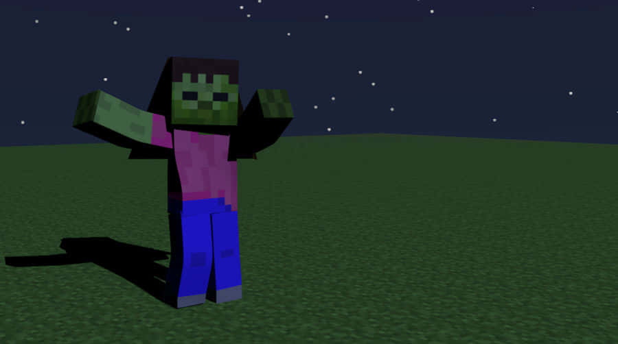Minecraft Zombie 桌布 壁紙 — 一個像素化的殭屍在 Minecraft 的星空夜空下，站在草地上張開雙臂。