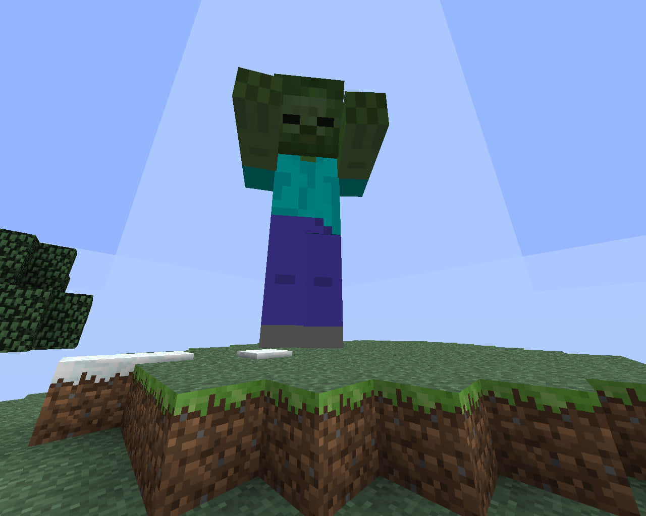 Minecraft Zombie 桌布 壁紙 — 一個像素化的殭屍站在 Minecraft 世界的草方塊上，背景是晴朗的藍天。