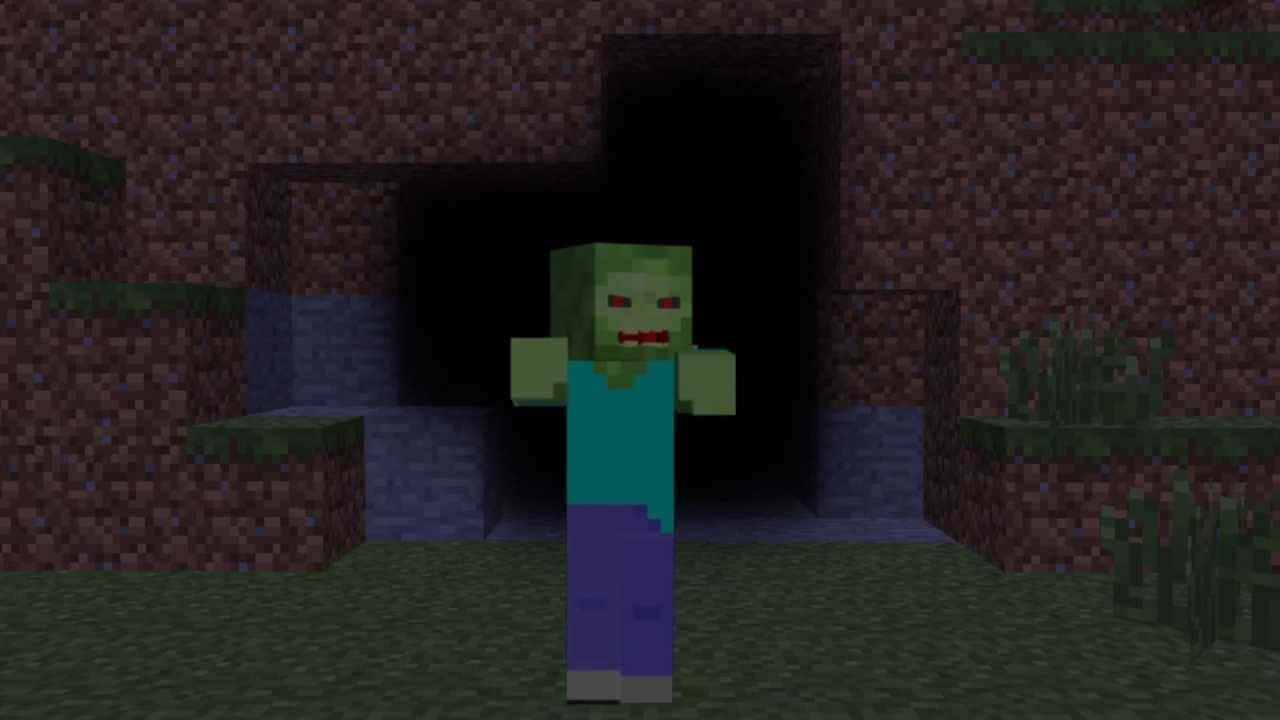 Minecraft Zombie 桌布 壁紙 — 一個像素化的殭屍站在一個有草地和泥土紋理的方塊Minecraft世界的黑暗洞穴入口處。