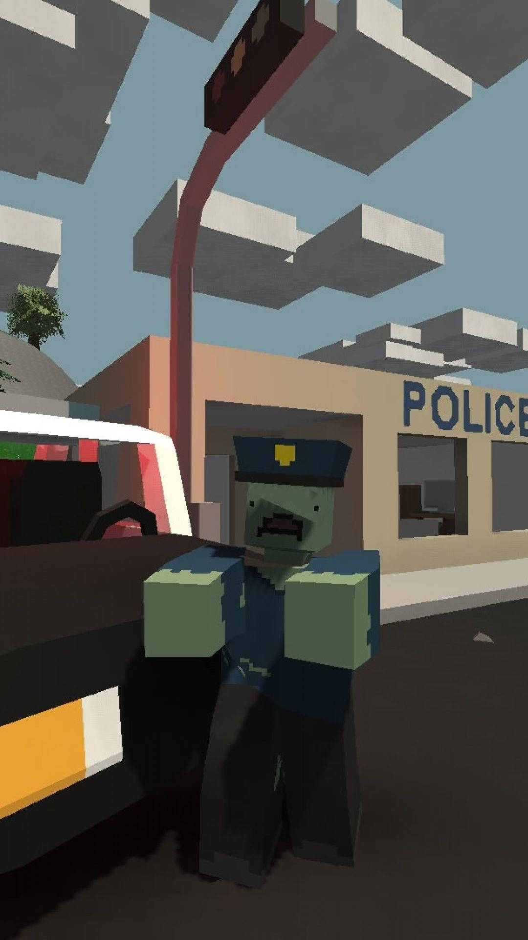 電玩遊戲 桌布 壁紙 — 一個像素化的殭屍警察站在警車旁邊，前面是警察局，上方有漂浮的幾何雲朵。