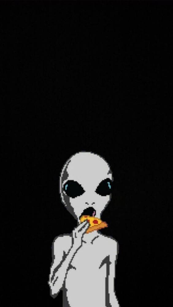 Alien Cartoon 桌布 壁紙 — 一個像素化的灰色外星人，有著黑色大眼睛，在純黑色背景上吃著一片披薩。