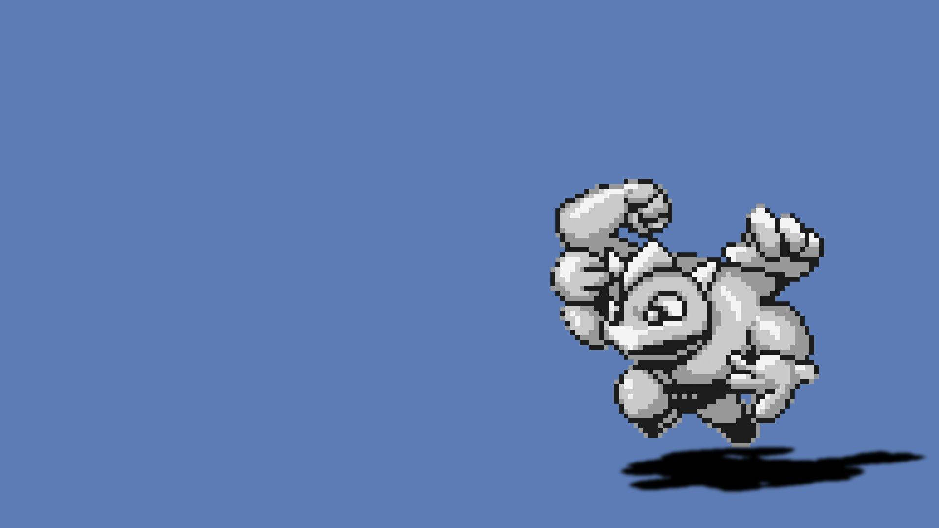 Machamp 桌布 壁紙 — 一個像素化的灰色生物，肌肉隆起，緊握拳頭，在純藍色背景上動態跳躍。