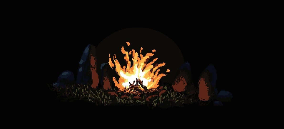 Campfire 桌布 壁紙 — 一個像素化的營火在漆黑的夜空下熊熊燃燒，周圍是參差不齊的岩石和雜草。