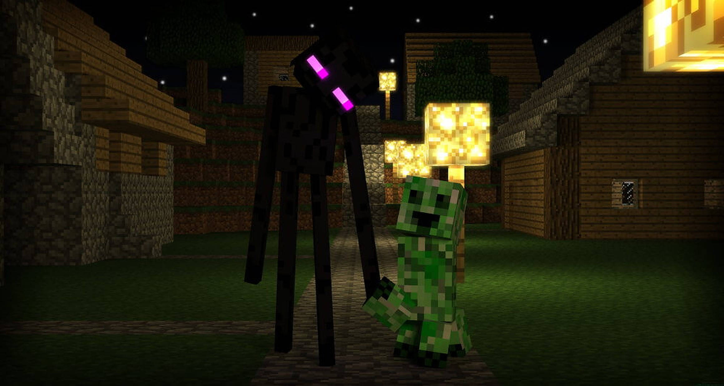 Creeper 桌布 壁紙 — 一個像素化的爬行者和一個高大的黑色凋零怪在夜晚的Minecraft村莊中，站在發光的燈籠和星星下。