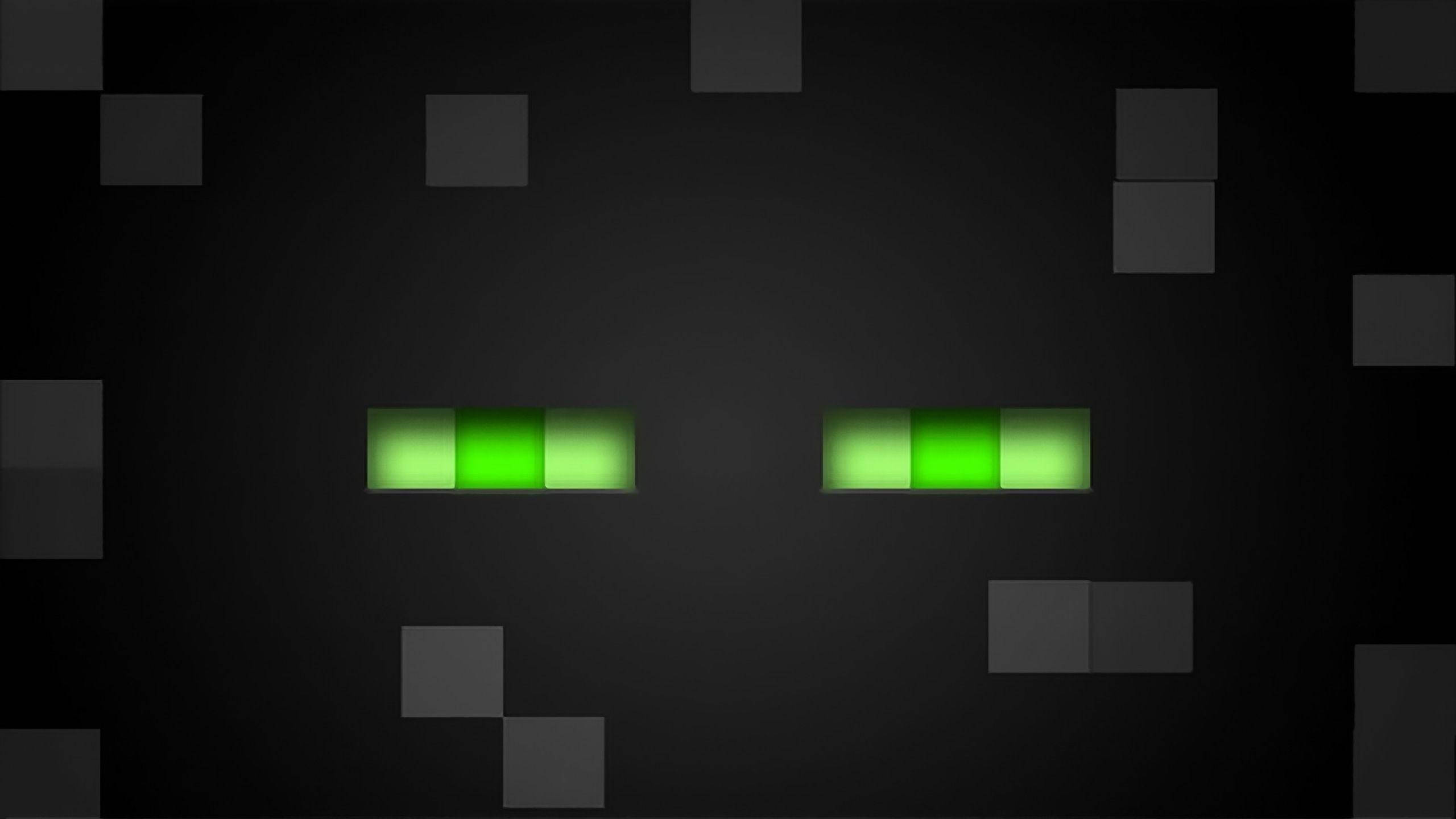 Enderman 桌布 壁紙 — 一個像素化的爬行者面孔，帶有發光的綠色眼睛，從黑暗的方塊背景中凝視出來。