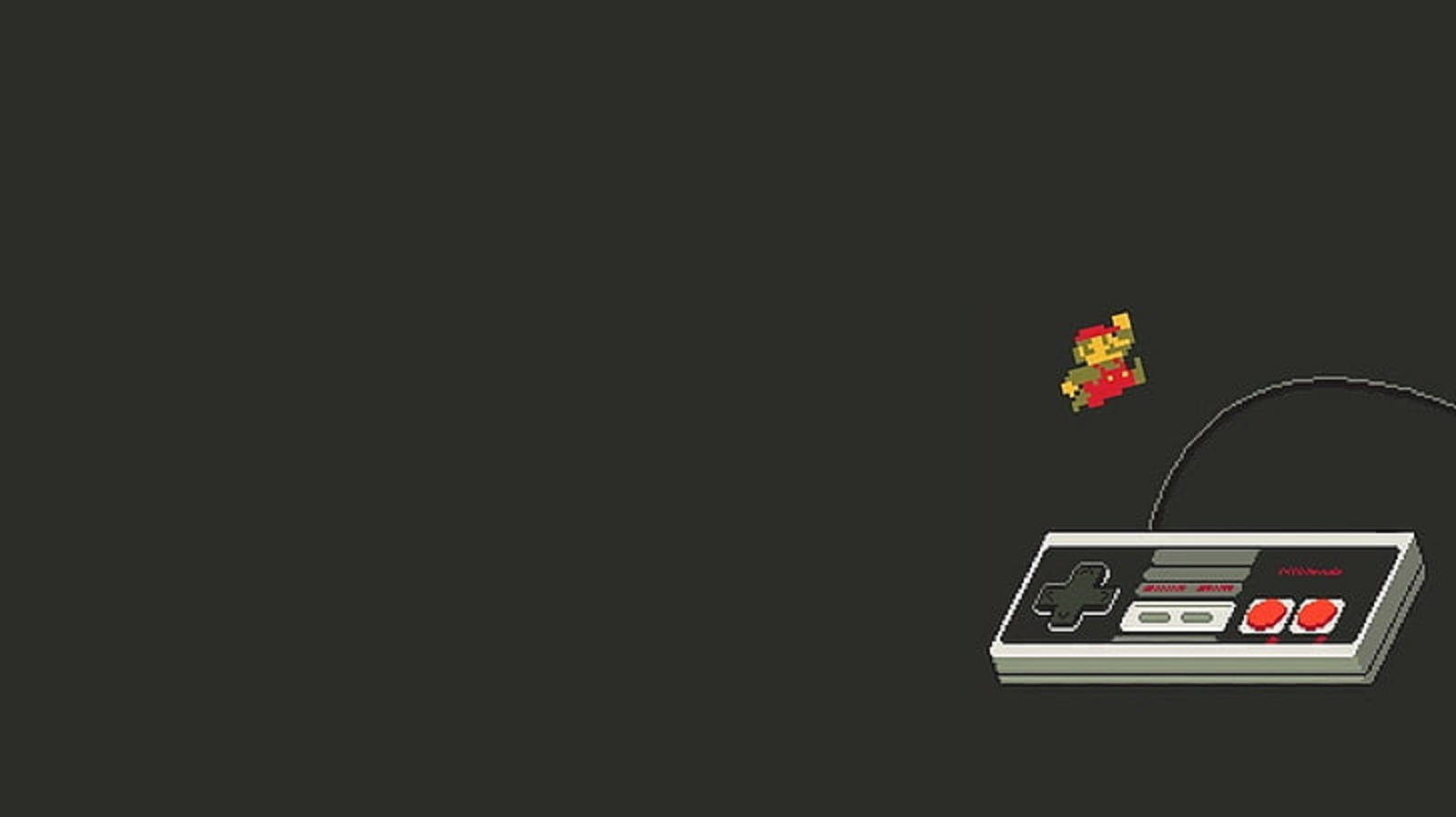 Nes 桌布 壁紙 — 一個像素化的瑪利歐從經典的任天堂娛樂系統控制器上跳起，背景為深灰色。