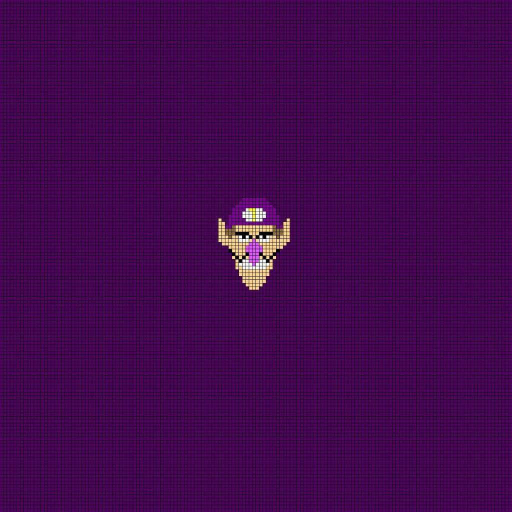 Waluigi 桌布 壁紙 — 一個像素化的瓦利歐面孔，居中在深紫色網格背景上。