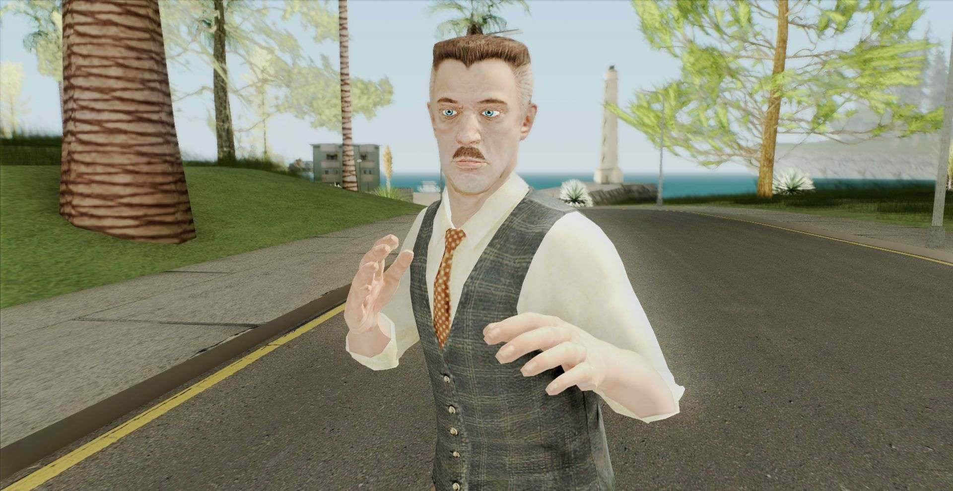 J Jonah Jameson 桌布 壁紙 — 一個像素化的男人穿著背心和領帶，站在路邊，背景有棕櫚樹和海洋。