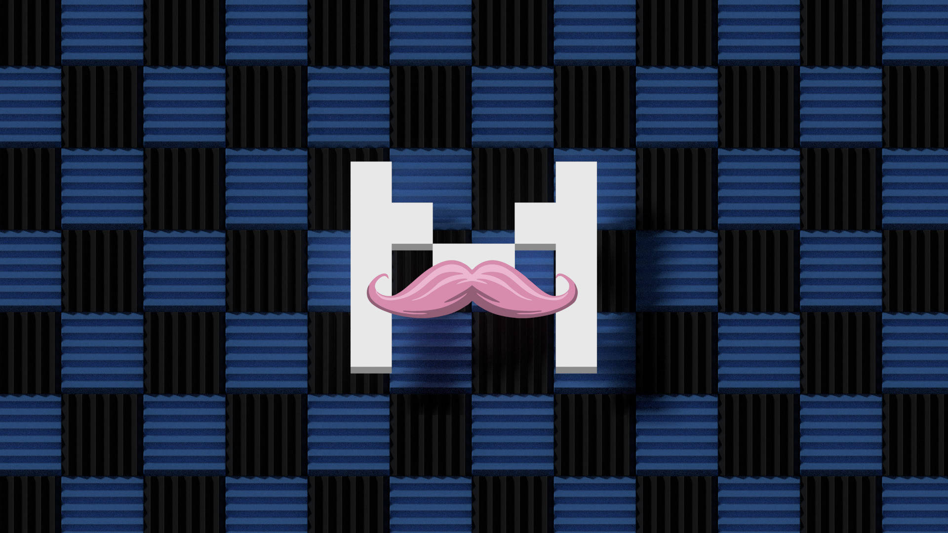 Markiplier 桌布 壁紙 — 一個像素化的白色字母 H，帶有粉紅色鬍鬚，居中放置在藍色和黑色格子聲學泡沫背景上。
