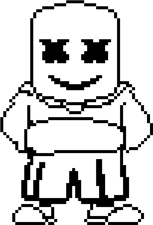Marshmello 動態圖 桌布 壁紙 — 一個像素化的白色角色，咧嘴大笑，眼睛交叉，站在黑色背景前。