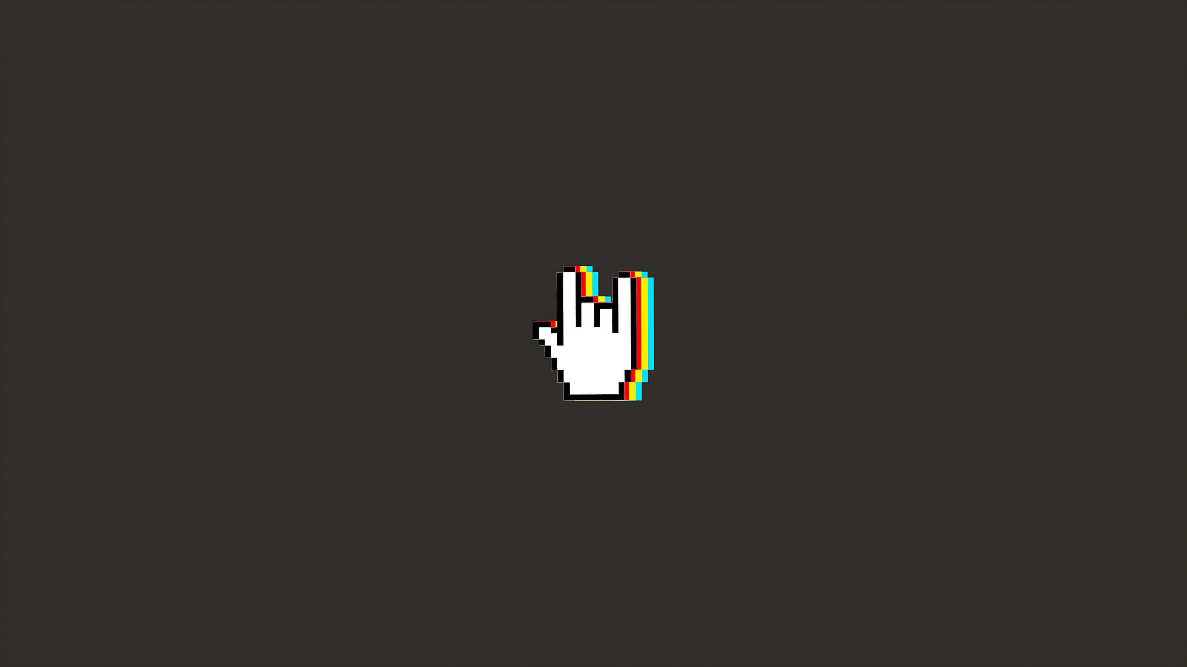 Minimal Art 桌布 壁紙 — 一個像素化的白色電腦游標手，帶有彩虹故障效果，居中於深灰色背景上。