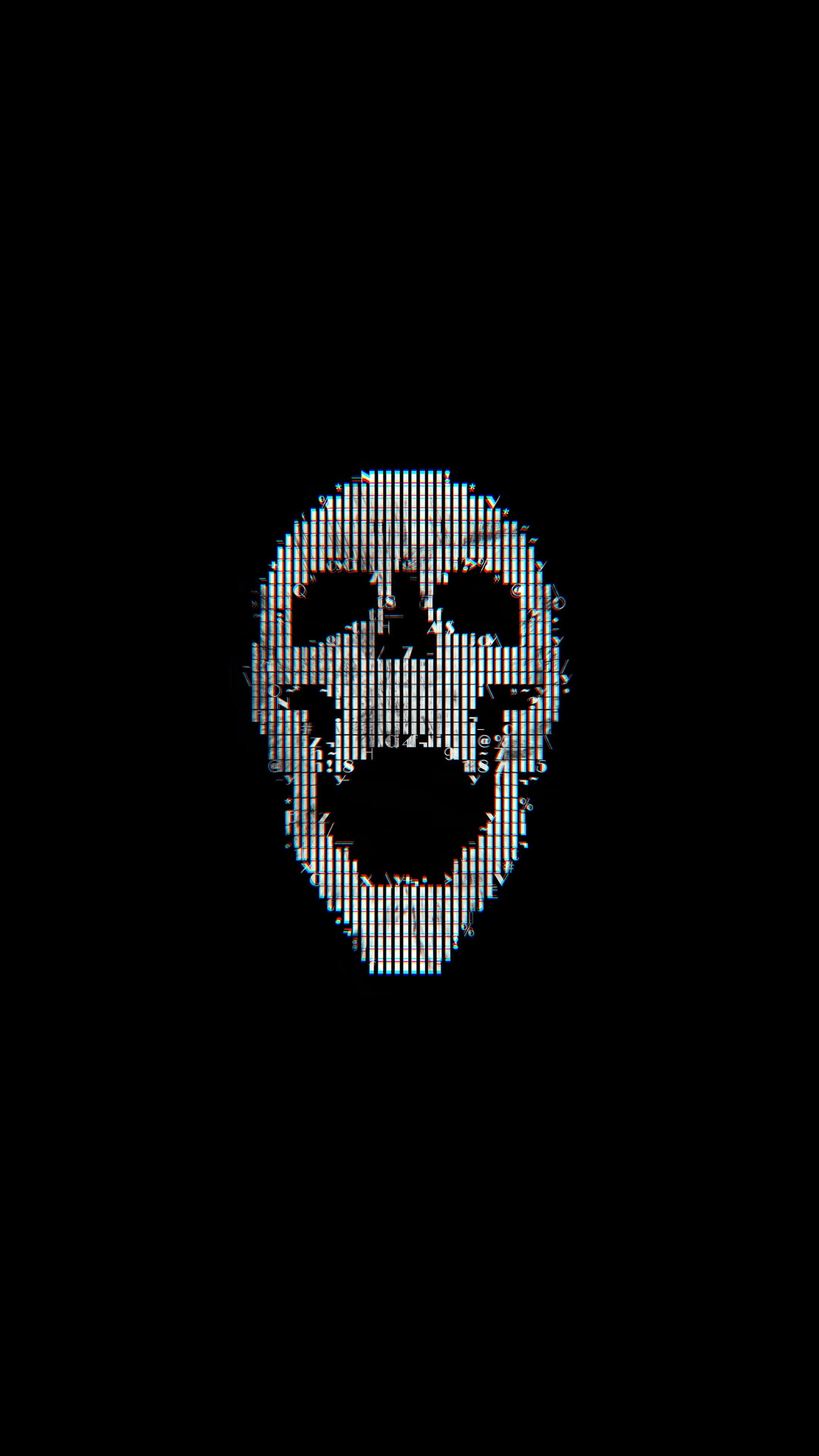 glitch art 桌布 壁紙 — 一個像素化的白色頭骨在帶有數位故障效果的黑色背景上發光。