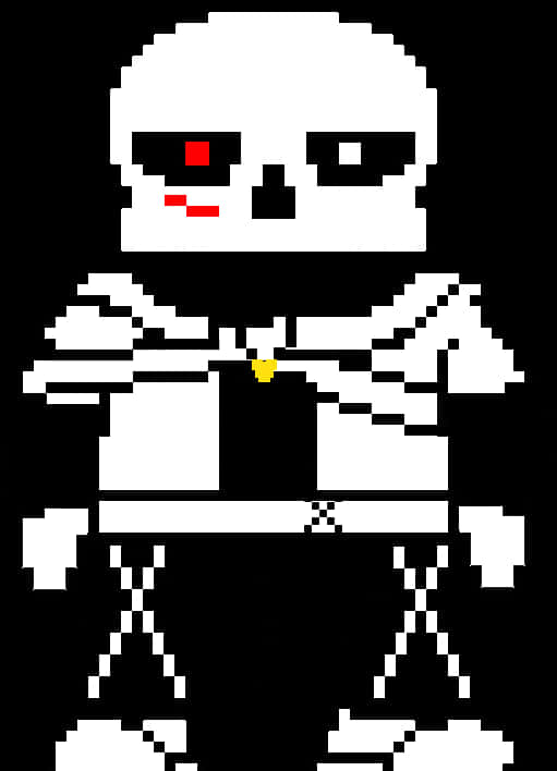 Undertale Sans 桌布 壁紙 — 一個像素化的白色骷髏角色，紅眼睛，帶著冷笑，站在黑色背景前。
