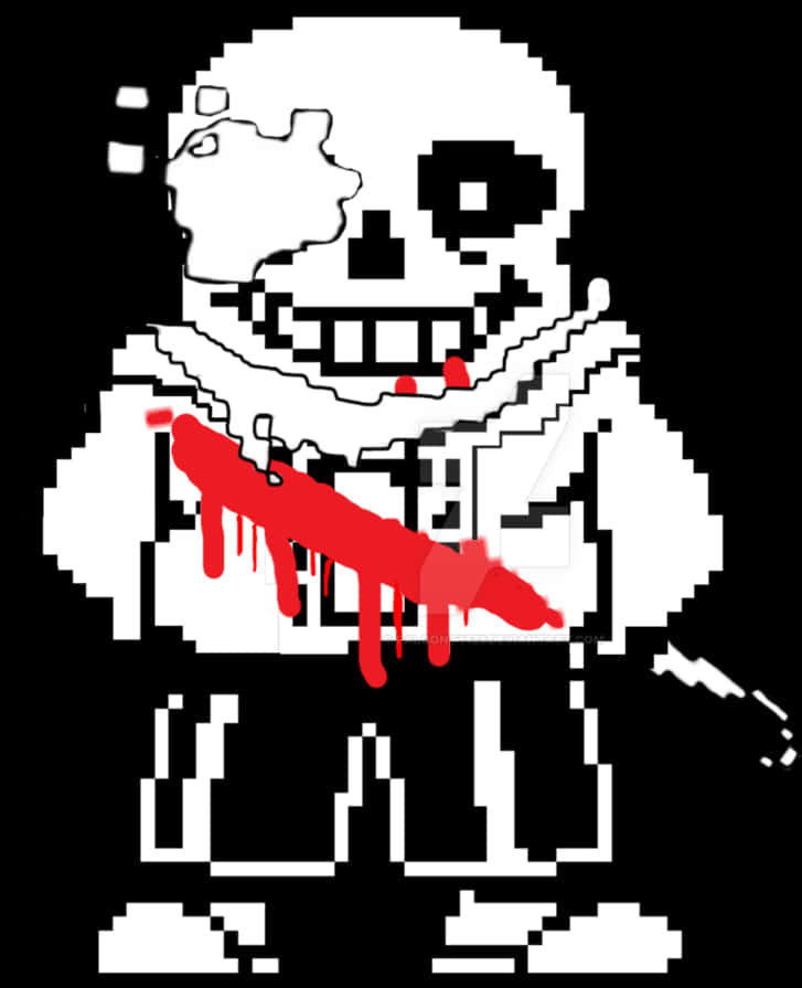 Undertale Sans 桌布 壁紙 — 一個像素化的白色骷髏角色，胸前有紅色血跡，背景為黑色。