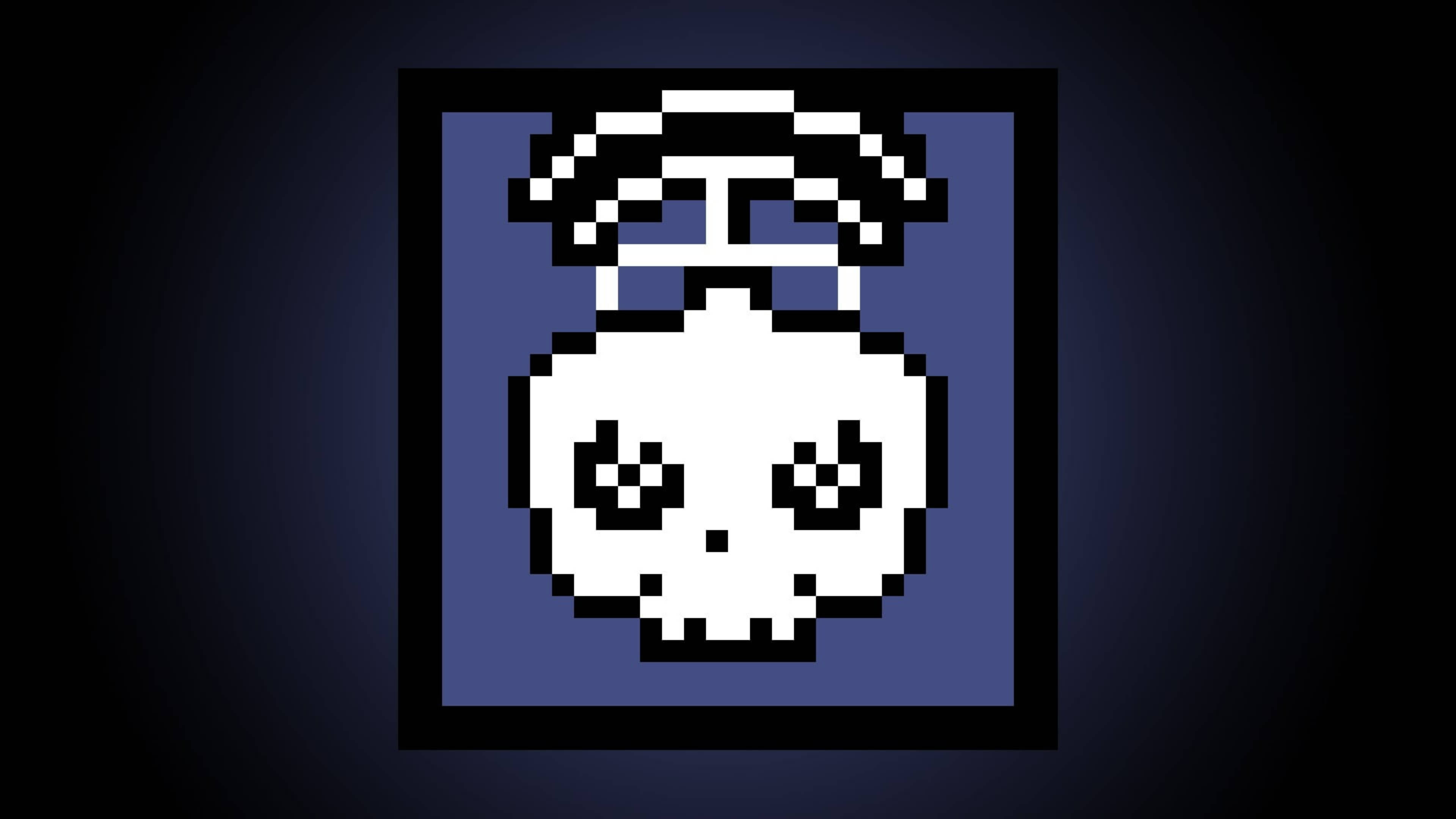 Twitch 桌布 壁紙 — 一個像素化的白色骷髏頭，戴著黑色高頂帽，背景為深藍色漸變。