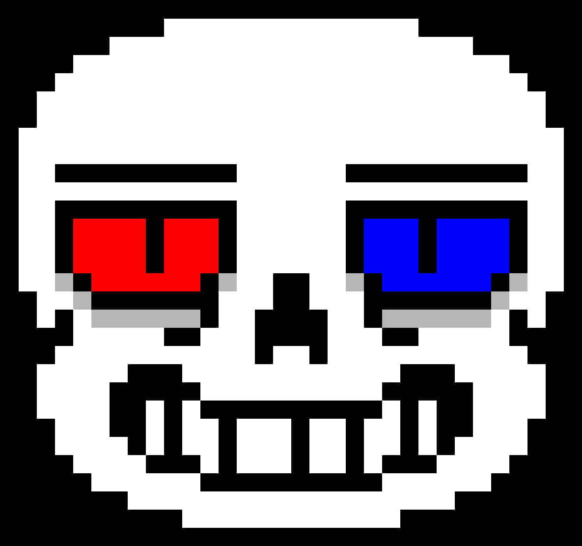 Undertale Sans 桌布 壁紙 — 一個像素化的白色骷髏頭，有紅色和藍色的眼睛，以及一個寬闊的笑容，背景為黑色。