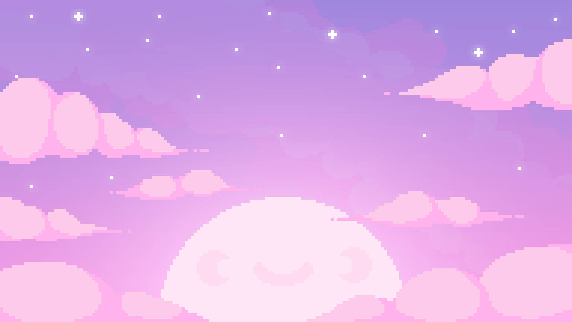 cute aesthetic pc 桌布 壁紙 — 一個像素化的粉彩天空，有微笑的月亮和蓬鬆的雲朵，在閃爍的星星下。