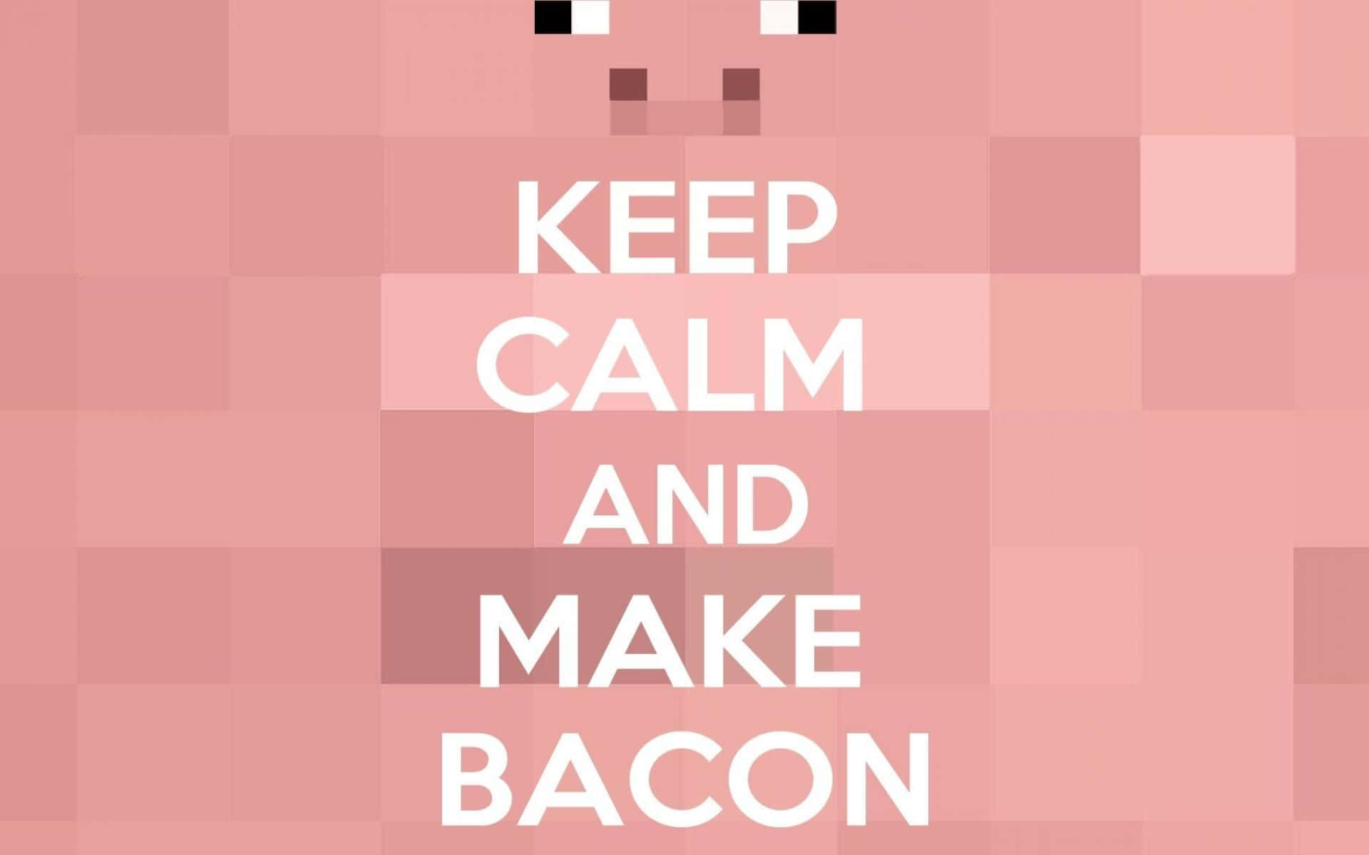 Minecraft Pig 桌布 壁紙 — 一個像素化的粉紅色豬臉，上面有粗體白色文字寫著「KEEP CALM AND MAKE BACON」。