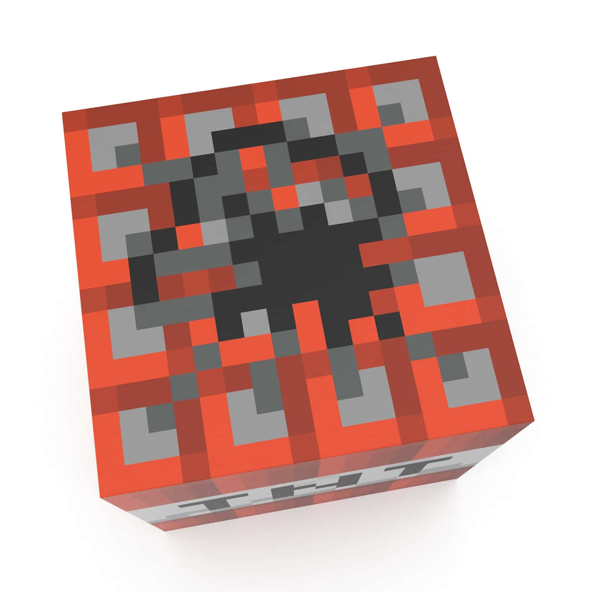 我的世界 TNT 桌布 壁紙 — 一個像素化的紅色和灰色立方體，上面有Minecraft苦力怕的臉，背景為白色。