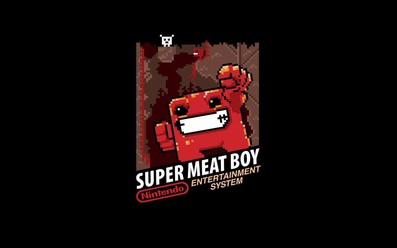 Super 桌布 壁紙 — 一個像素化的紅色肉男孩咧嘴大笑，站在血腥的地牢中，模仿任天堂娛樂系統的遊戲標誌。