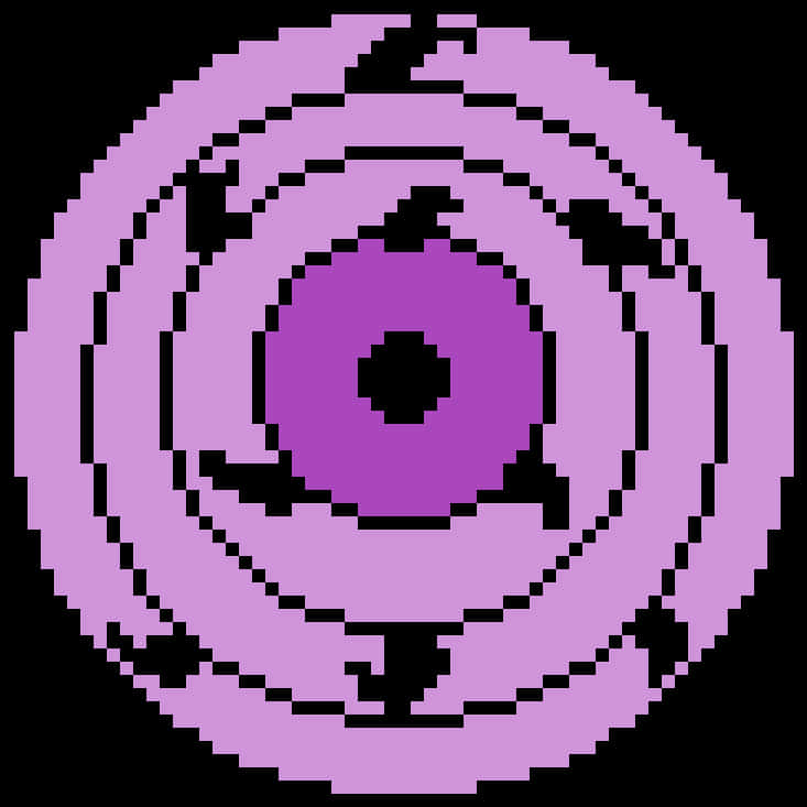 Rinnegan 桌布 壁紙 — 一個像素化的紫色原子符號，帶有黑色軌道和箭頭，背景為黑色。