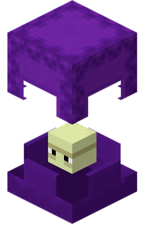 Minecraft Adventure 桌布 壁紙 — 一個像素化的紫色女巫，來自Minecraft，有方塊臉和漂浮帽。