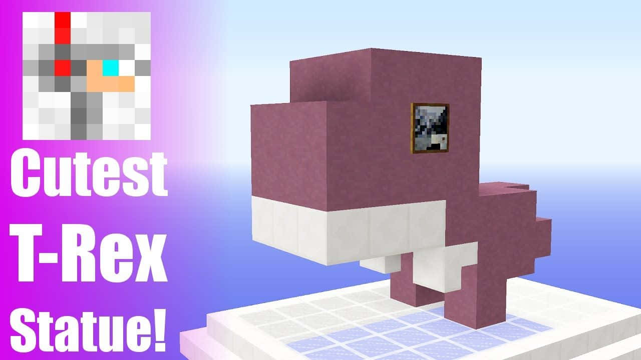 Minecraft Characters 桌布 壁紙 — 一個像素化的紫色暴龍雕像站在瓷磚平台上，背景是紫色和藍色的漸層，並帶有Minecraft風格的頭像圖示和粗體文字。