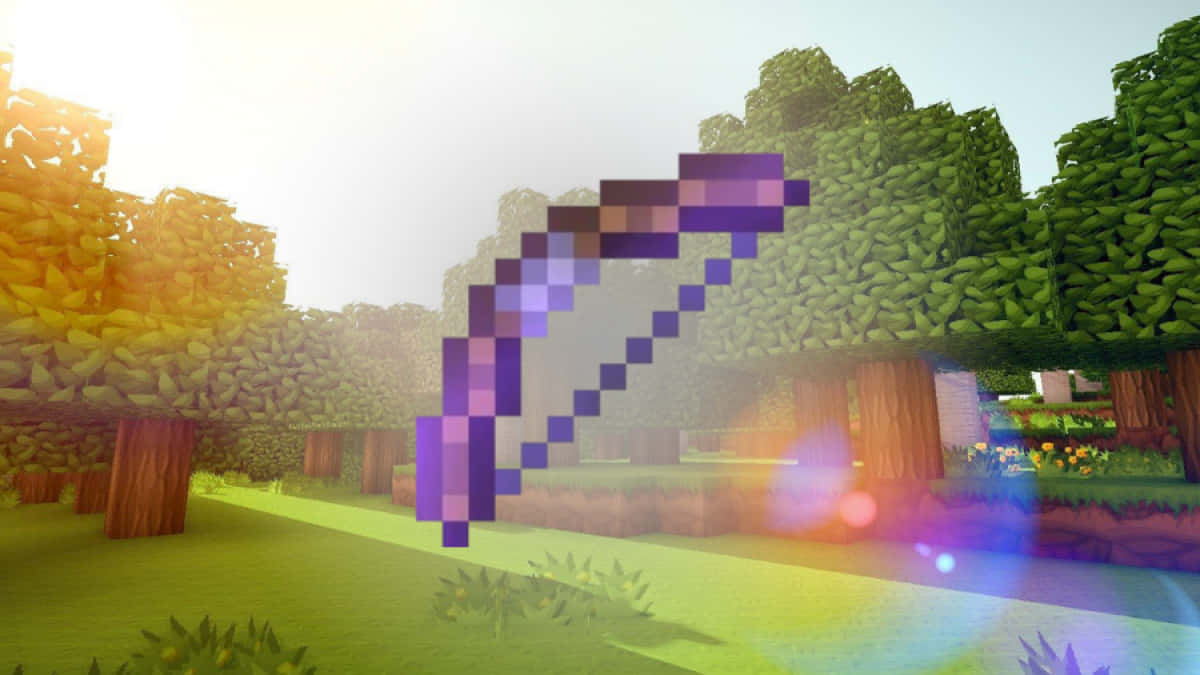 Minecraft Weapons 桌布 壁紙 — 一個像素化的紫色蝴蝶結漂浮在陽光明媚的Minecraft森林中，樹木和草地都是方塊狀。
