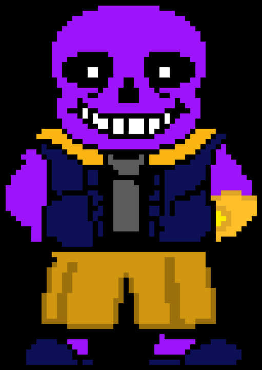 Undertale 桌布 壁紙 — 一個像素化的紫色骷髏角色，咧嘴大笑，穿著藍色背心和黃色短褲，背景為黑色。