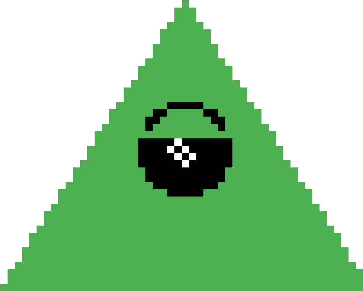illuminati 桌布 壁紙 — 一個像素化的綠色三角形，帶有黑色嘴巴和眼睛，背景為黑色。