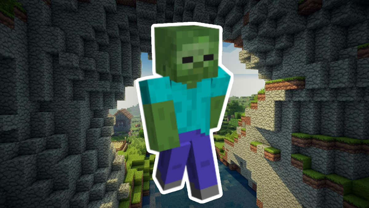 Minecraft Zombie 桌布 壁紙 — 一個像素化的綠色殭屍站在Minecraft洞穴中，周圍有草地方塊，遠處有村莊，天空明亮。